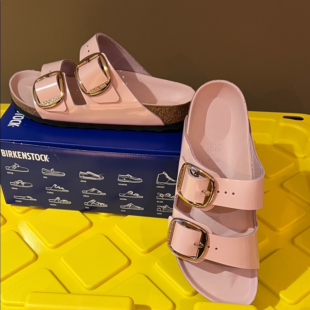 Birkenstock Arizona Big Buckle High Shine Sandals Light Rose Sz 38 NEW